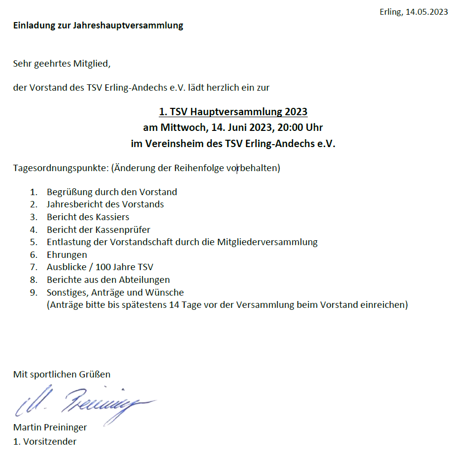 Einladung Hauptversammlung 2023